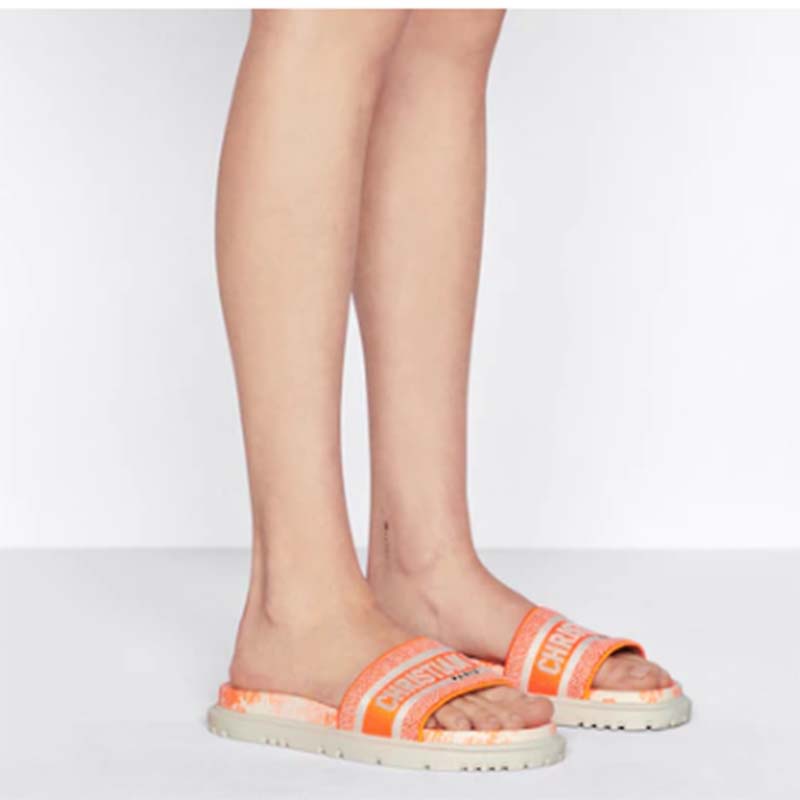Dior Women CD Dway Slide Bright Orange Toile De Jouy Embroidered Cotton