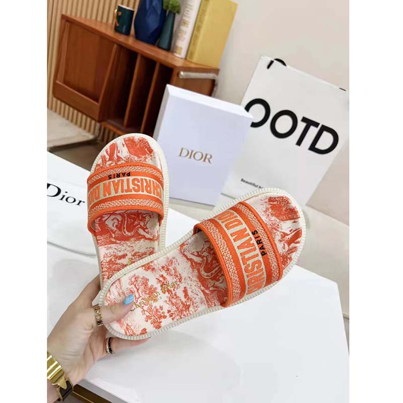 Dior Women CD Dway Slide Bright Orange Toile De Jouy Embroidered Cotton