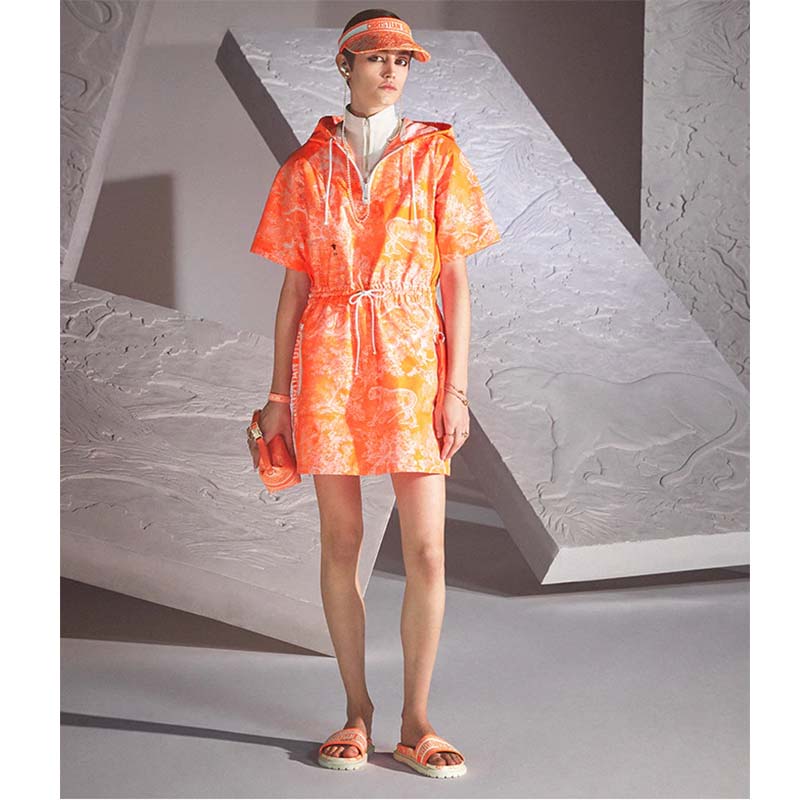 Dior Women CD Dway Slide Bright Orange Toile De Jouy Embroidered Cotton