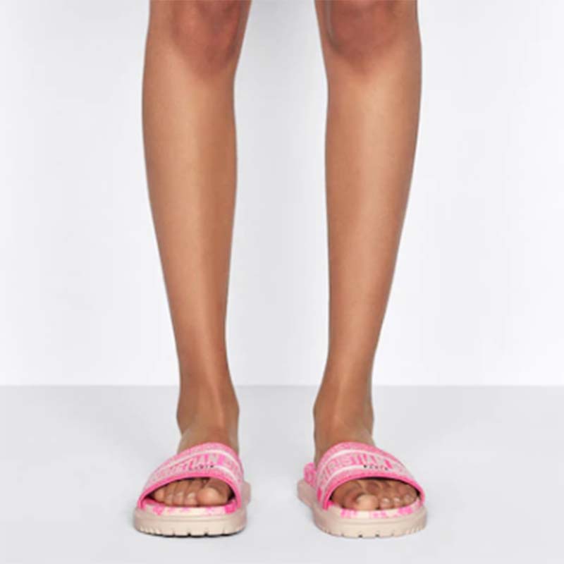 Dior Unisex CD Dway Slide Bright Pink Toile De Jouy Embroidered Cotton