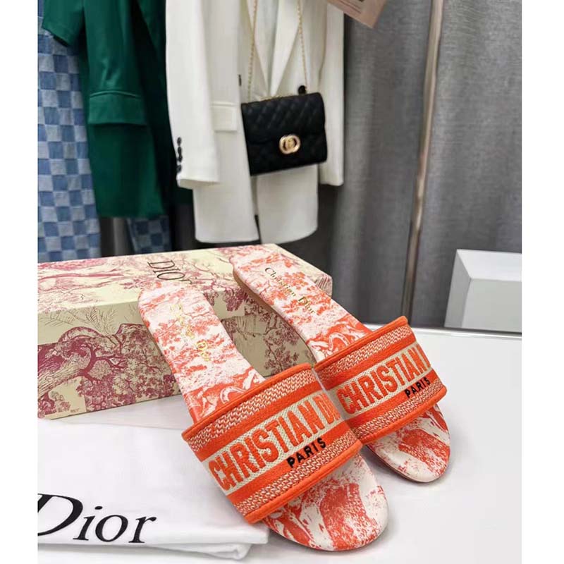 Dior Unisex CD Dway Slide Orange Toile De Jouy Embroidered Cotton