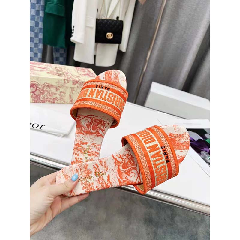 Dior Unisex CD Dway Slide Orange Toile De Jouy Embroidered Cotton