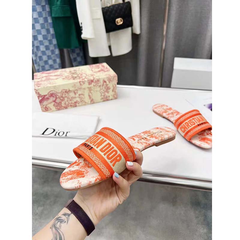 Dior Unisex CD Dway Slide Orange Toile De Jouy Embroidered Cotton