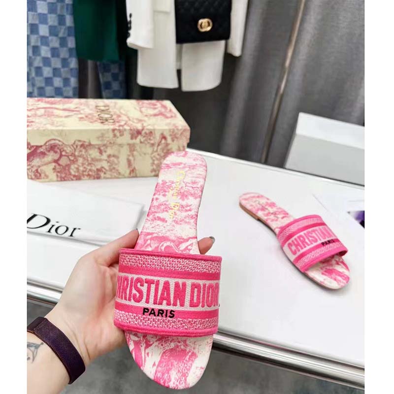 Dior Unisex CD Dway Slide Pink Toile De Jouy Embroidered Cotton