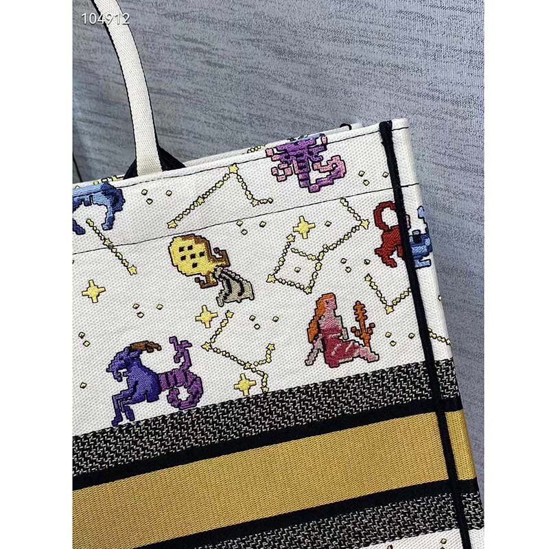 Dior Unisex CD Large Book Tote Latte Multicolor Dior Pixel Zodiac Embroidery