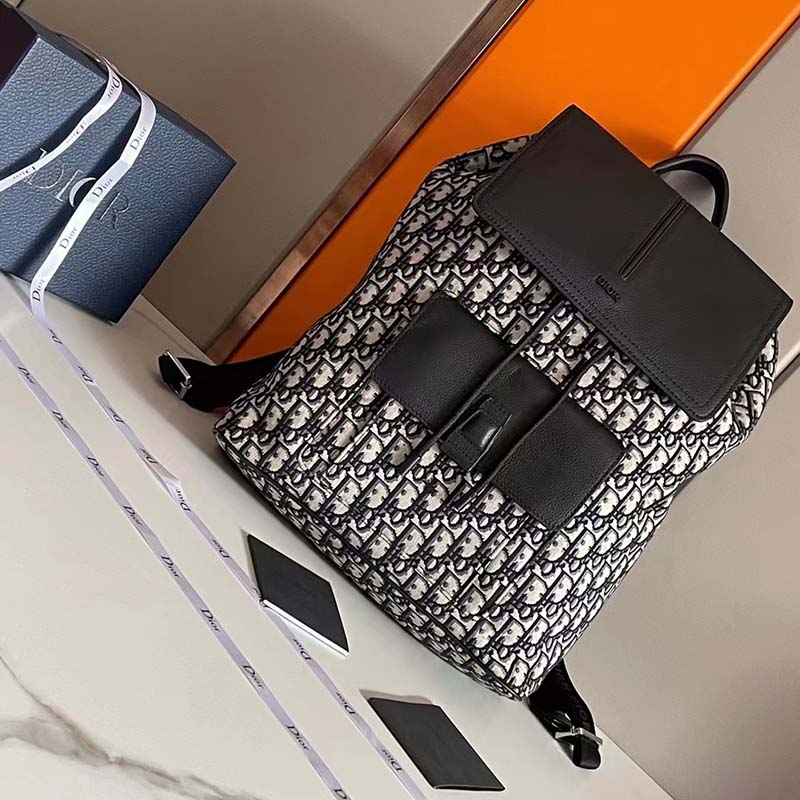 Dior Unisex CD Motion Backpack Beige Black Oblique Jacquard Black Grained Calfskin