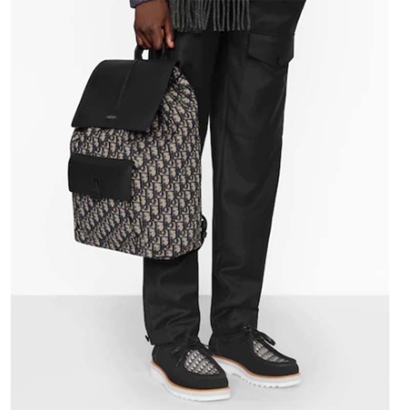 Dior Unisex CD Motion Backpack Beige Black Oblique Jacquard Black Grained Calfskin