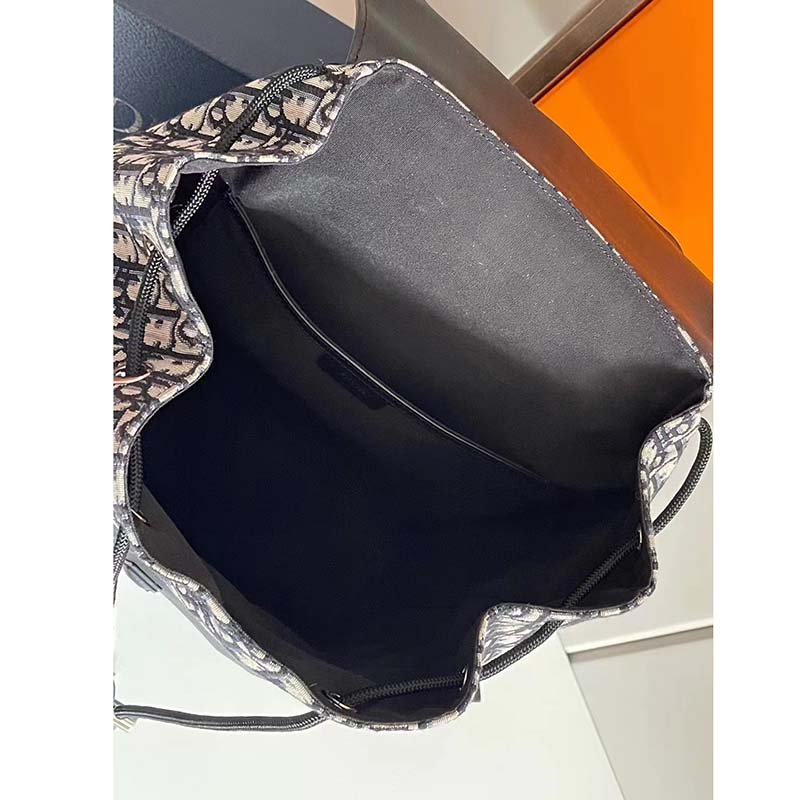 Dior Unisex CD Motion Backpack Beige Black Oblique Jacquard Black Grained Calfskin