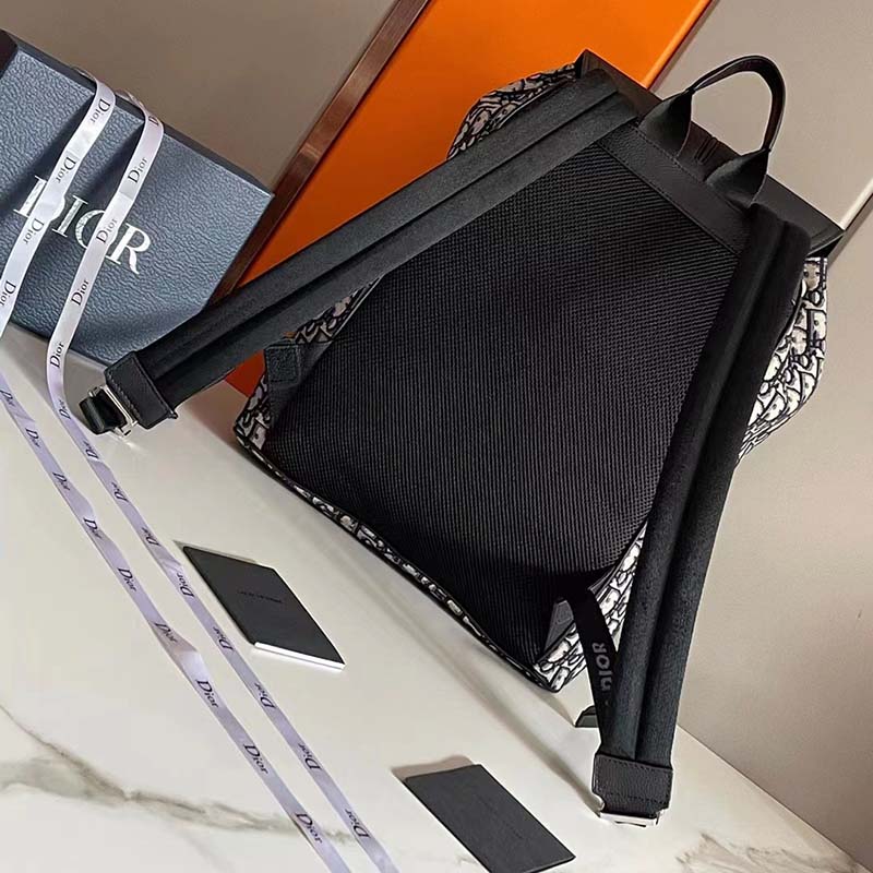 Dior Unisex CD Motion Backpack Beige Black Oblique Jacquard Black Grained Calfskin