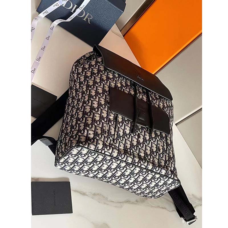 Dior Unisex CD Motion Backpack Beige Black Oblique Jacquard Black Grained Calfskin
