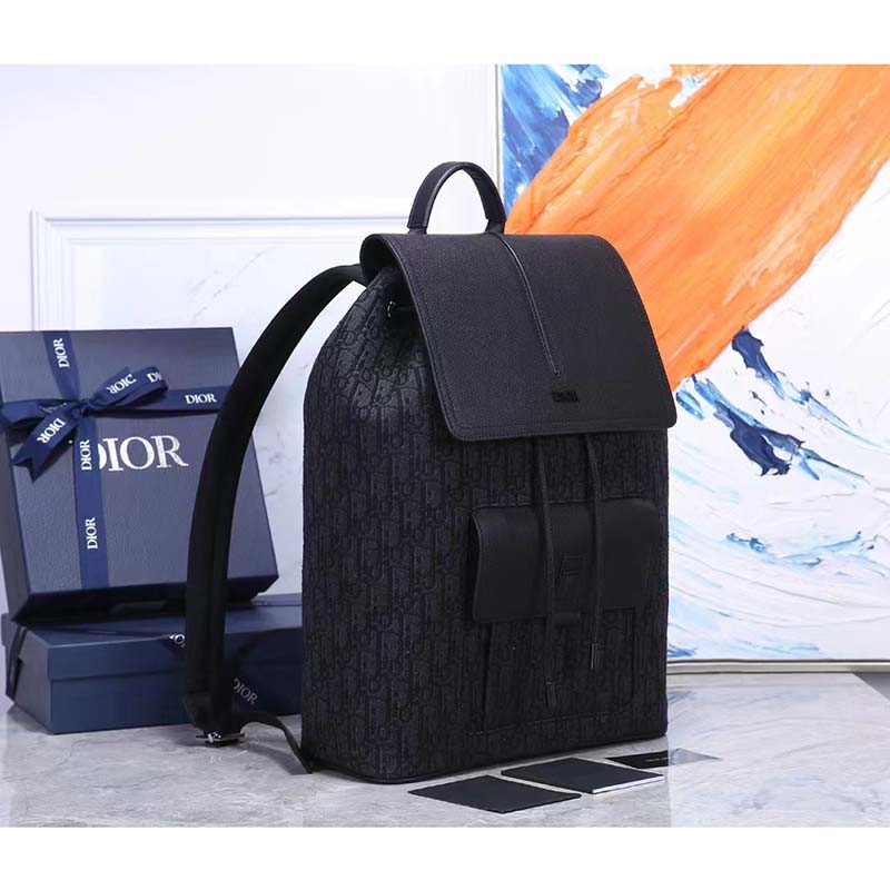 Dior Unisex CD Motion Backpack Black Oblique Jacquard Black Grained Calfskin