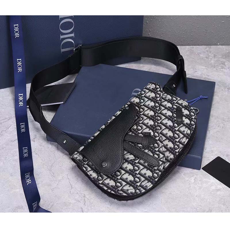 Dior Unisex CD Saddle Pouch Beige Black Dior Oblique Jacquard