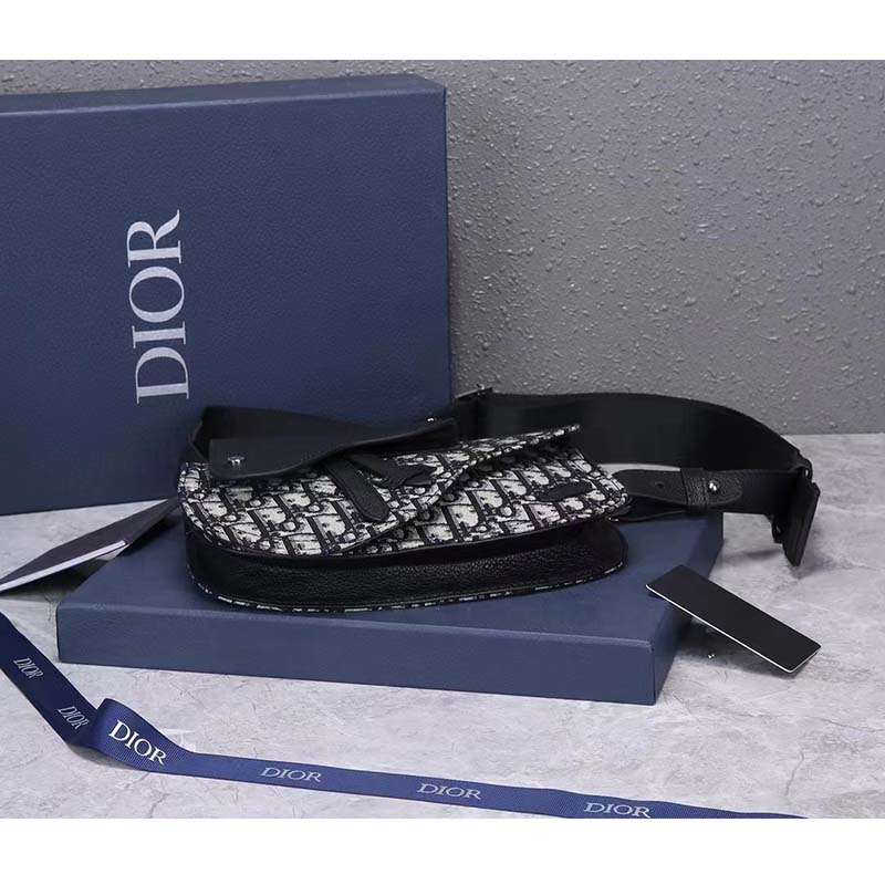Dior Unisex CD Saddle Pouch Beige Black Dior Oblique Jacquard