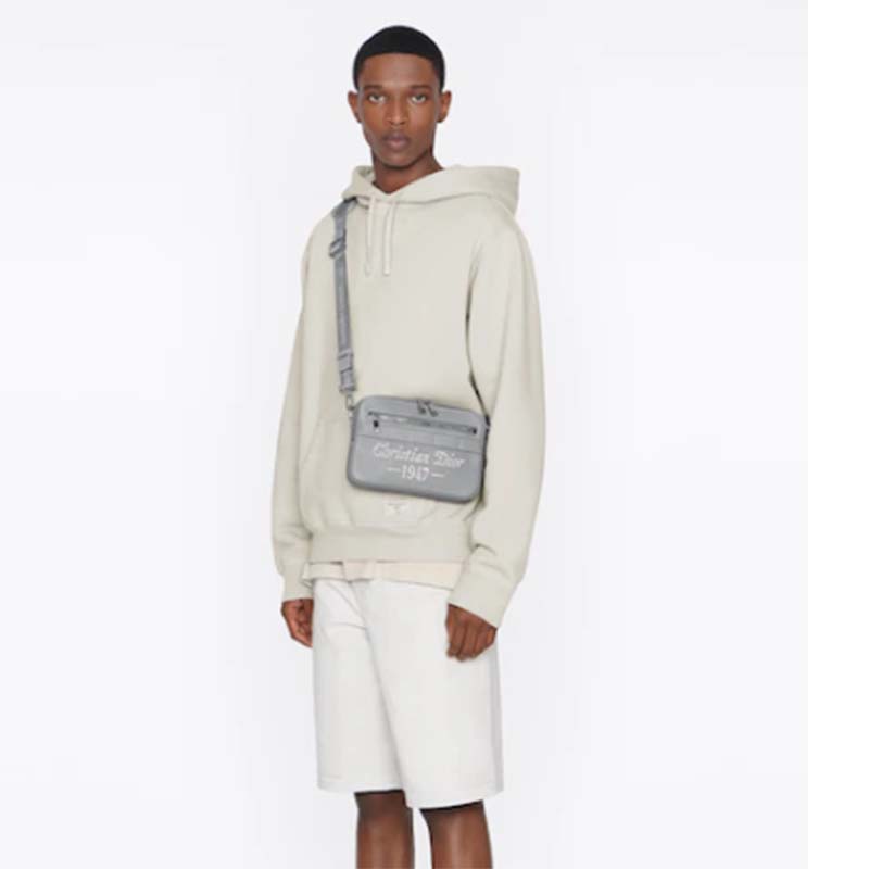 Dior Unisex CD Safari Messenger Bag Gray Grained Calfskin ‘Christian Dior 1947’ Signature