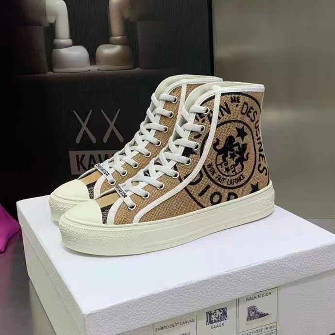 Dior Unisex CD Shoes Walk’n’Dior High-Top Sneaker Beige Jute Canvas Embroidered Union Motif