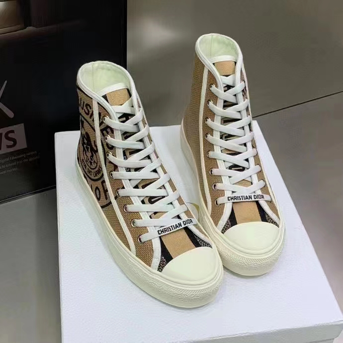 Dior Unisex CD Shoes Walk’n’Dior High-Top Sneaker Beige Jute Canvas Embroidered Union Motif