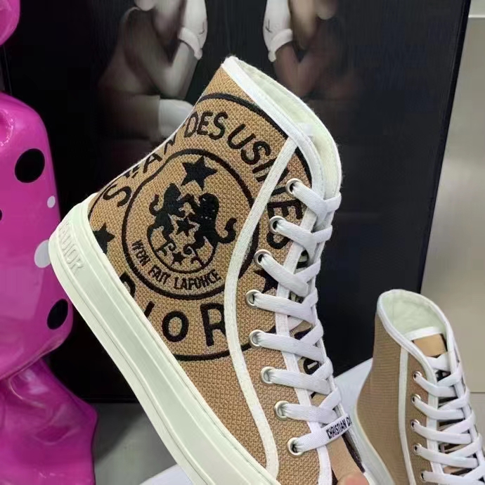 Dior Unisex CD Shoes Walk’n’Dior High-Top Sneaker Beige Jute Canvas Embroidered Union Motif