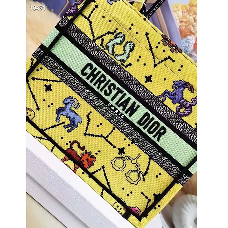 Dior Unisex CD Small Book Tote Yellow Multicolor Dior Pixel Zodiac Embroidery