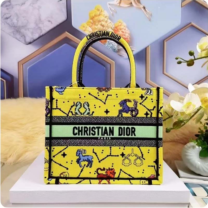 Dior Unisex CD Small Book Tote Yellow Multicolor Dior Pixel Zodiac Embroidery