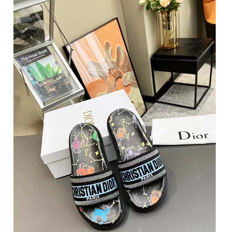 Dior Unisex Dway Slide Black Multicolor Embroidered Cotton Dior Pixel Zodiac Motif