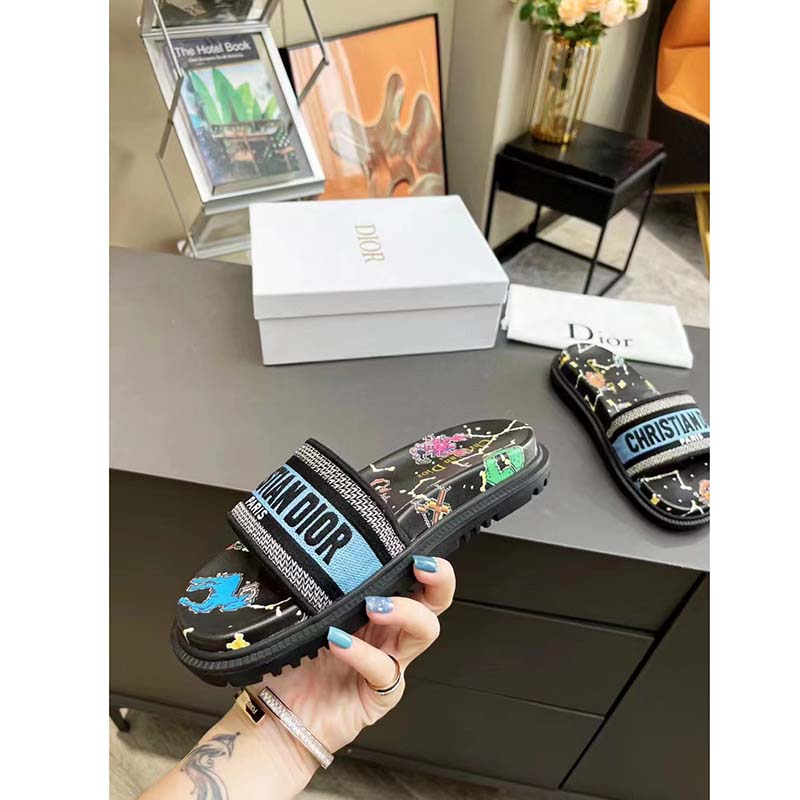 Dior Unisex Dway Slide Black Multicolor Embroidered Cotton Dior Pixel Zodiac Motif