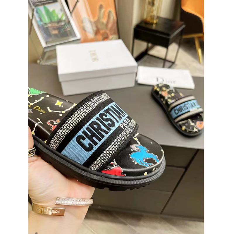 Dior Unisex Dway Slide Black Multicolor Embroidered Cotton Dior Pixel Zodiac Motif