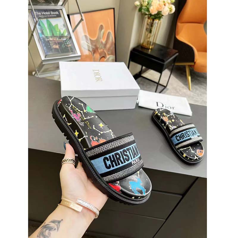 Dior Unisex Dway Slide Black Multicolor Embroidered Cotton Dior Pixel Zodiac Motif