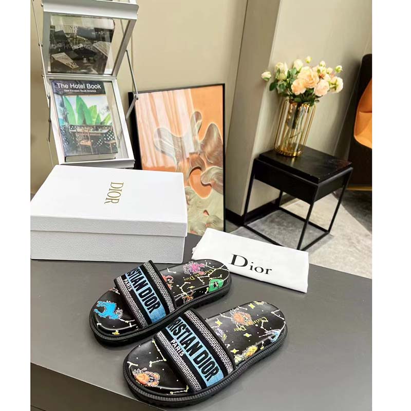 Dior Unisex Dway Slide Black Multicolor Embroidered Cotton Dior Pixel Zodiac Motif