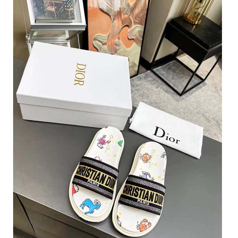 Dior Unisex Dway Slide White Multicolor Embroidered Cotton Dior Pixel Zodiac Motif