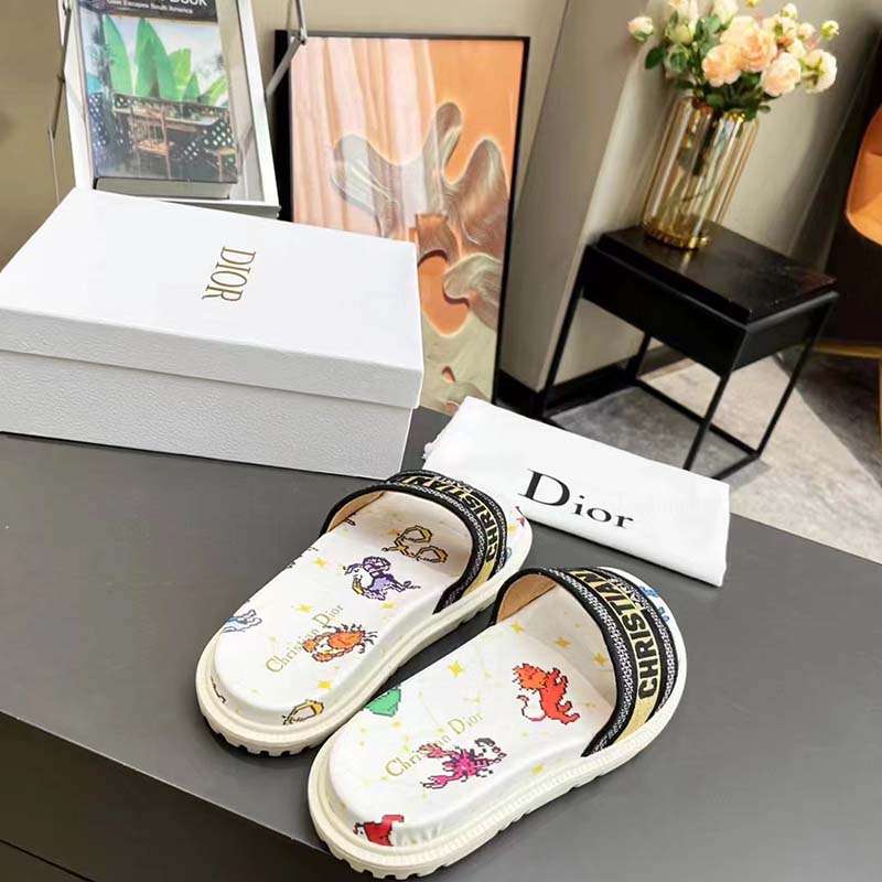 Dior Unisex Dway Slide White Multicolor Embroidered Cotton Dior Pixel Zodiac Motif