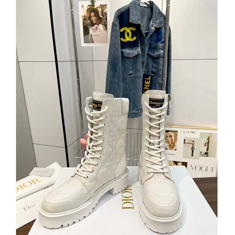 Dior Women CD D-Leader Ankle Boot White Quilted Cannage Calfskin