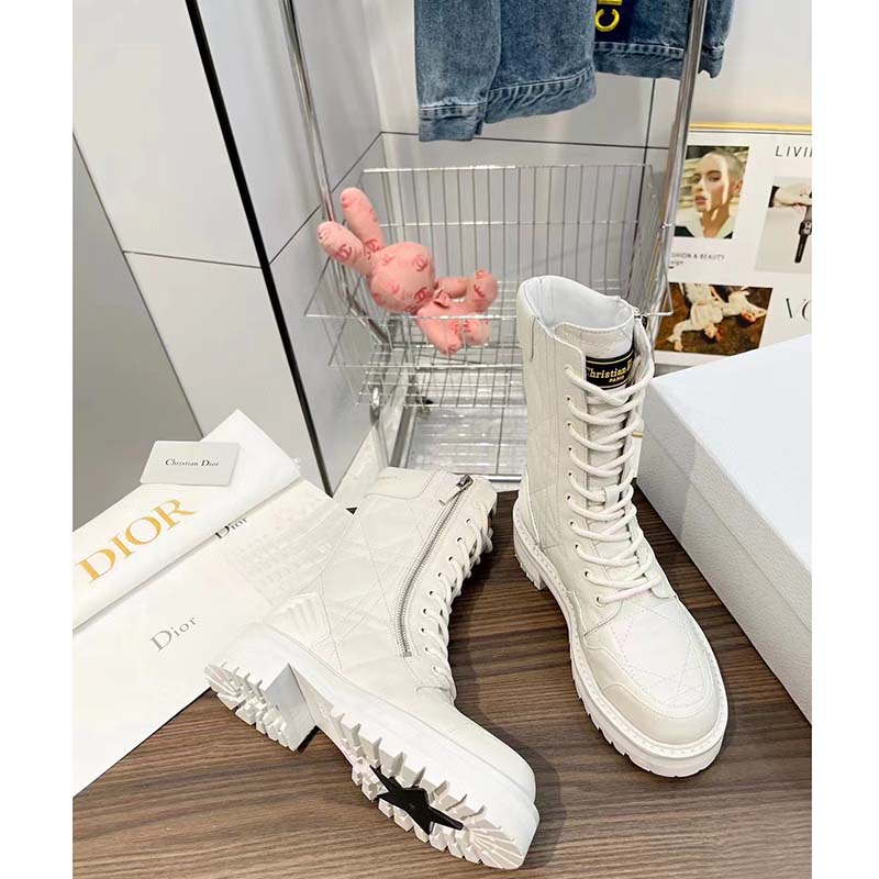 Dior Women CD D-Leader Ankle Boot White Quilted Cannage Calfskin
