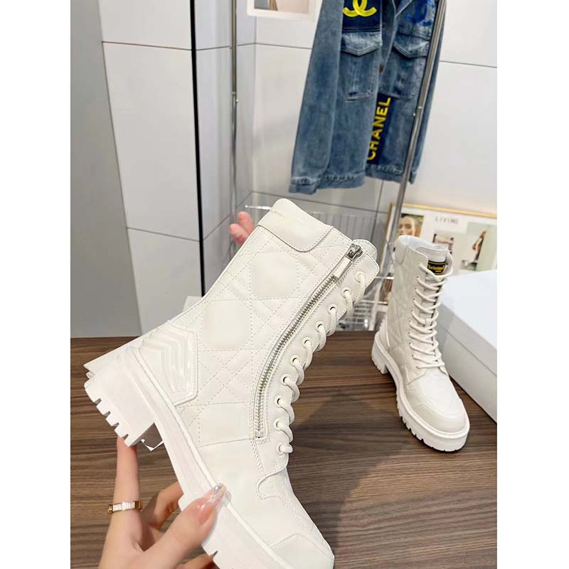 Dior Women CD D-Leader Ankle Boot White Quilted Cannage Calfskin