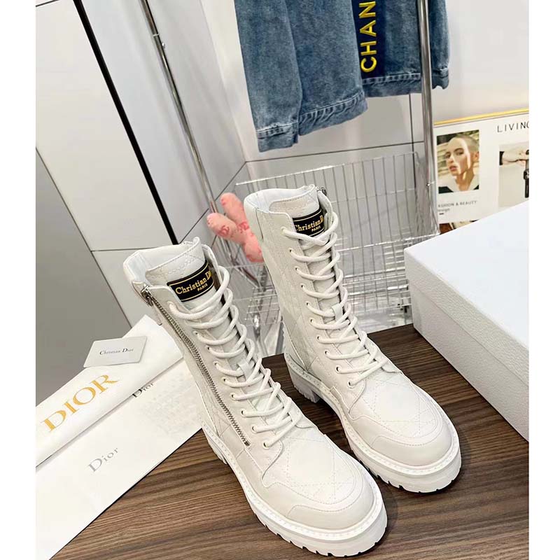 Dior Women CD D-Leader Ankle Boot White Quilted Cannage Calfskin