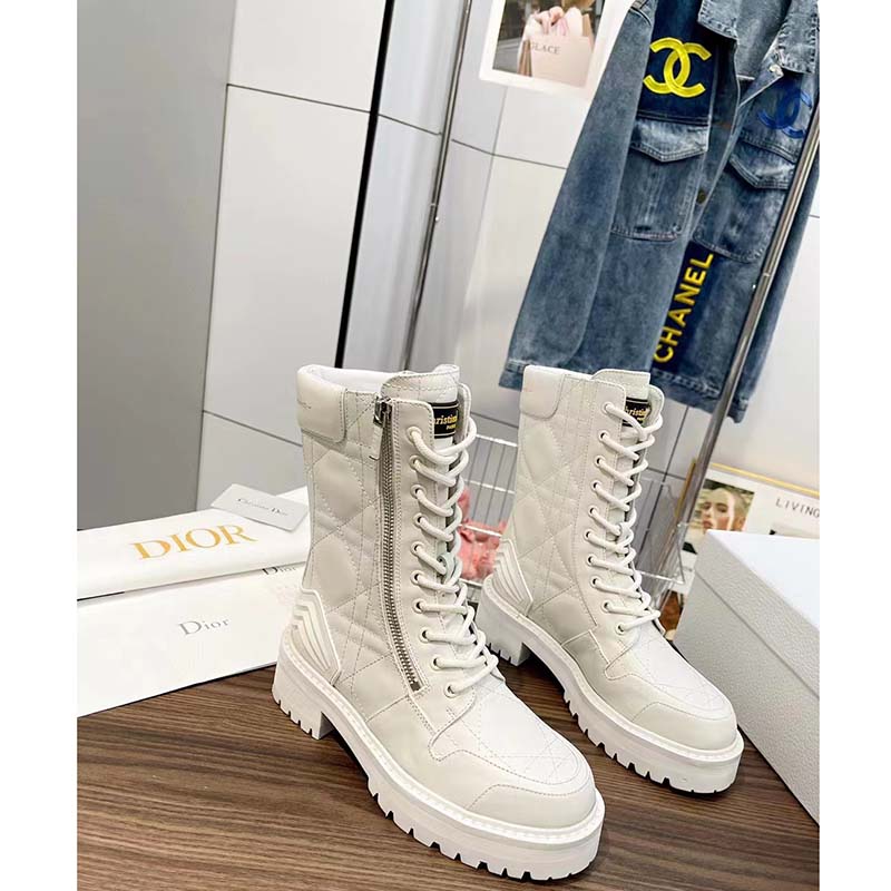 Dior Women CD D-Leader Ankle Boot White Quilted Cannage Calfskin