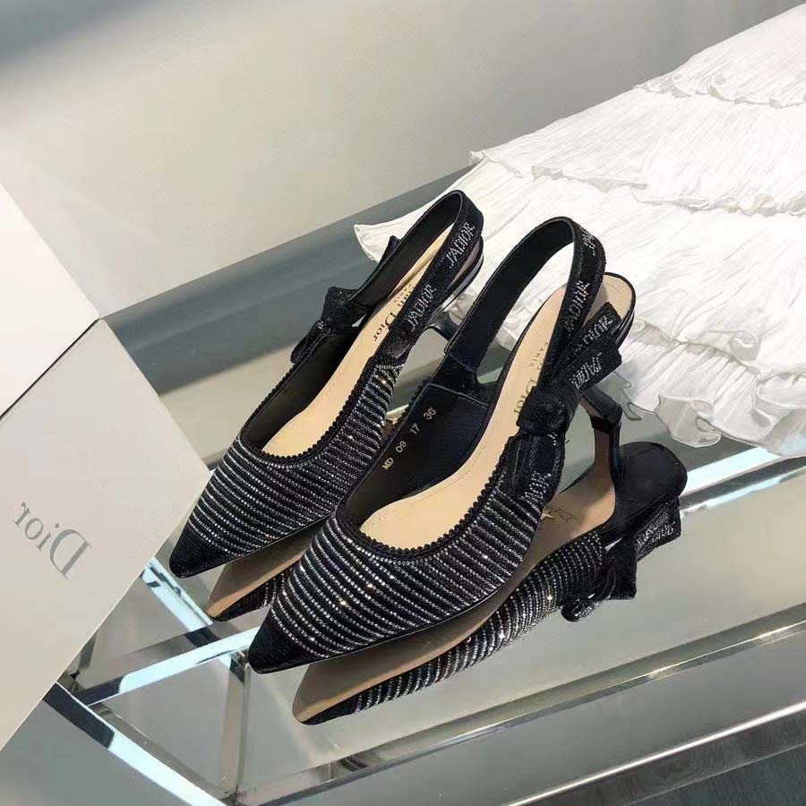 Dior Women CD J’Adior Slingback Pump Black Cotton Embroidered Silver-Tone Strass
