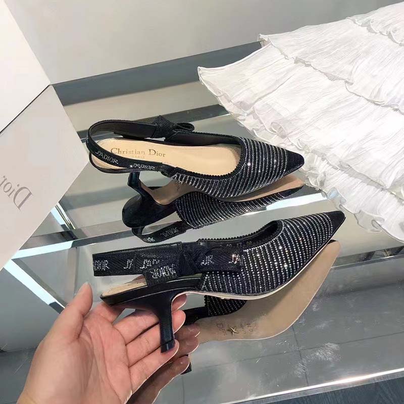 Dior Women CD J’Adior Slingback Pump Black Cotton Embroidered Silver-Tone Strass