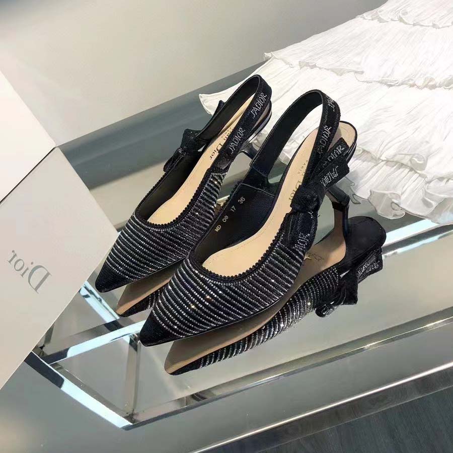 Dior Women CD J’Adior Slingback Pump Black Cotton Embroidered Silver-Tone Strass