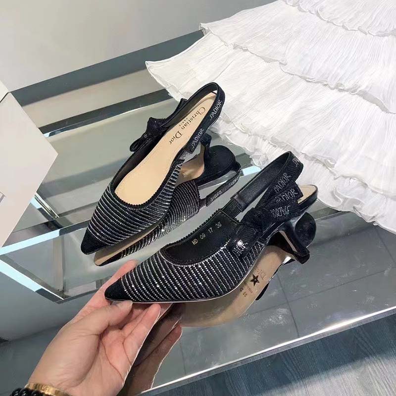 Dior Women CD J’Adior Slingback Pump Black Cotton Embroidered Silver-Tone Strass