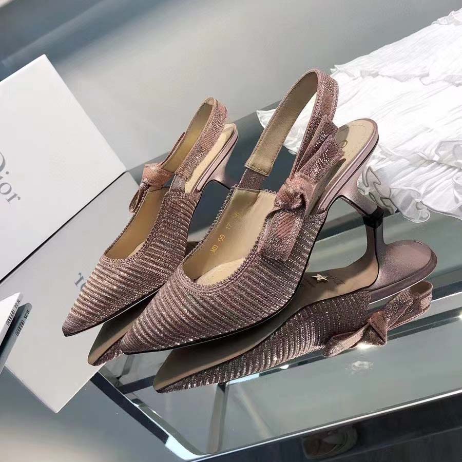 Dior Women CD J’Adior Slingback Pump Gold-Tone Cotton Embroidered Metallic Thread Strass