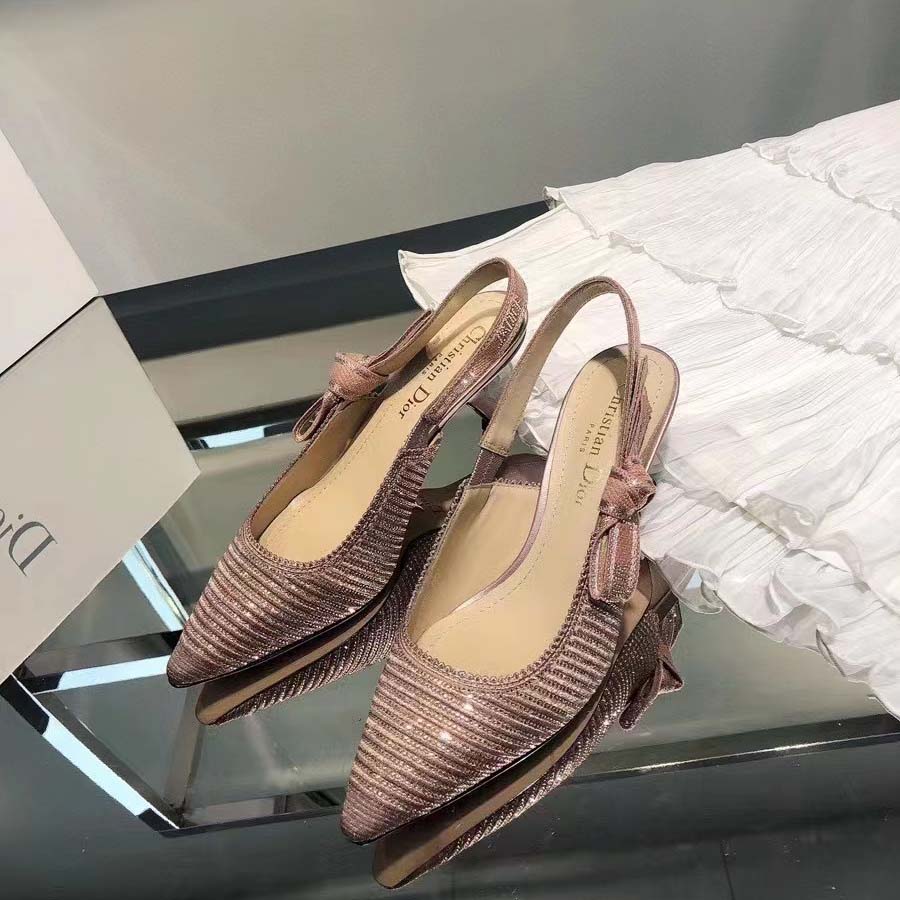 Dior Women CD J’Adior Slingback Pump Gold-Tone Cotton Embroidered Metallic Thread Strass