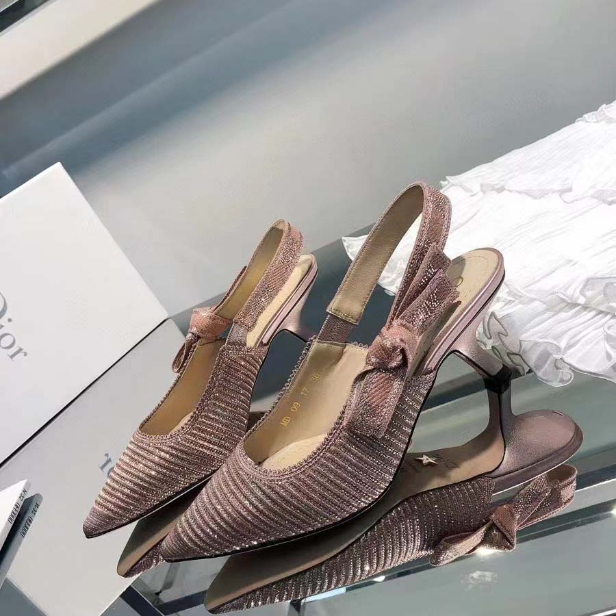 Dior Women CD J’Adior Slingback Pump Gold-Tone Cotton Embroidered Metallic Thread Strass