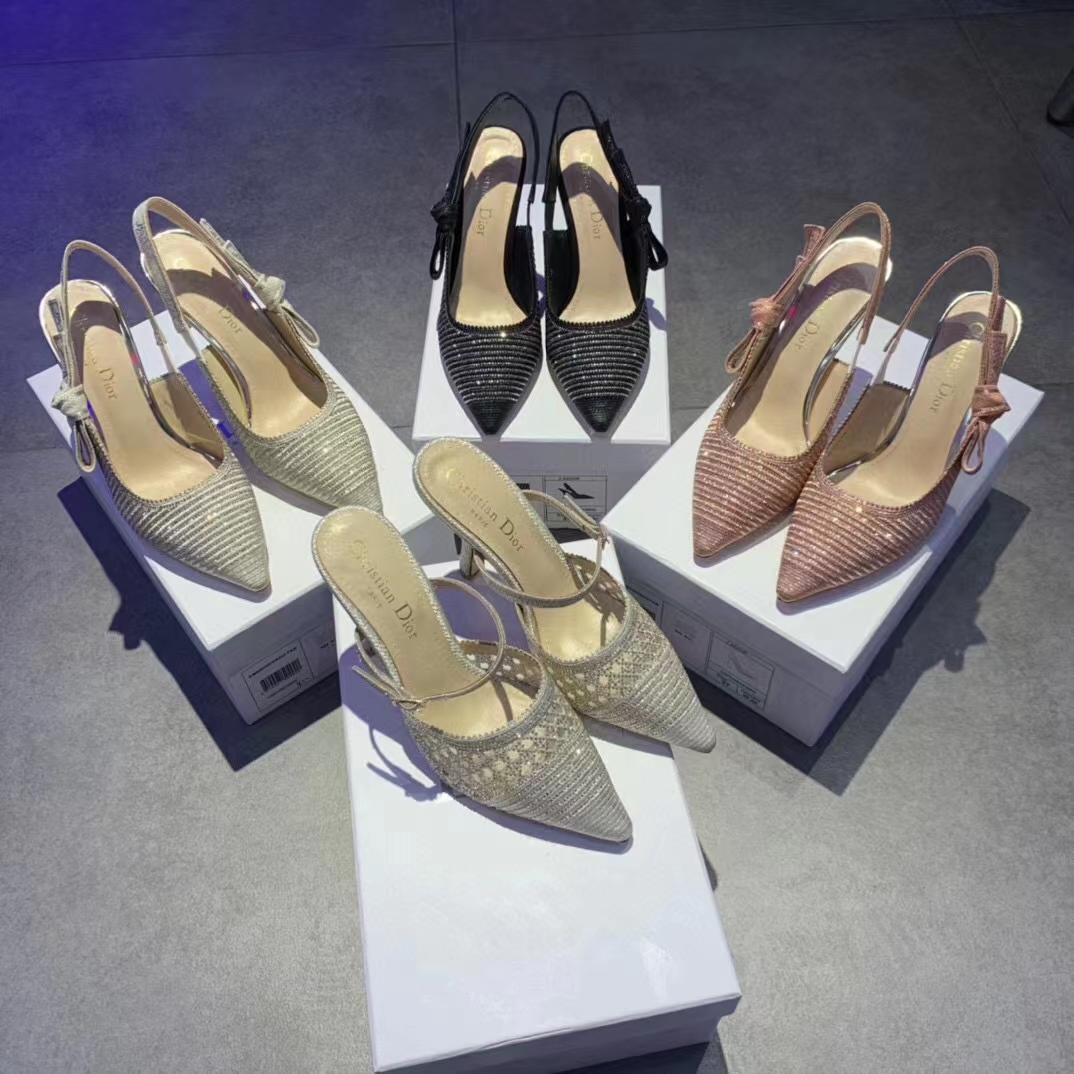 Dior Women CD J’Adior Slingback Pump White Cotton Embroidered Silver Tone Strass