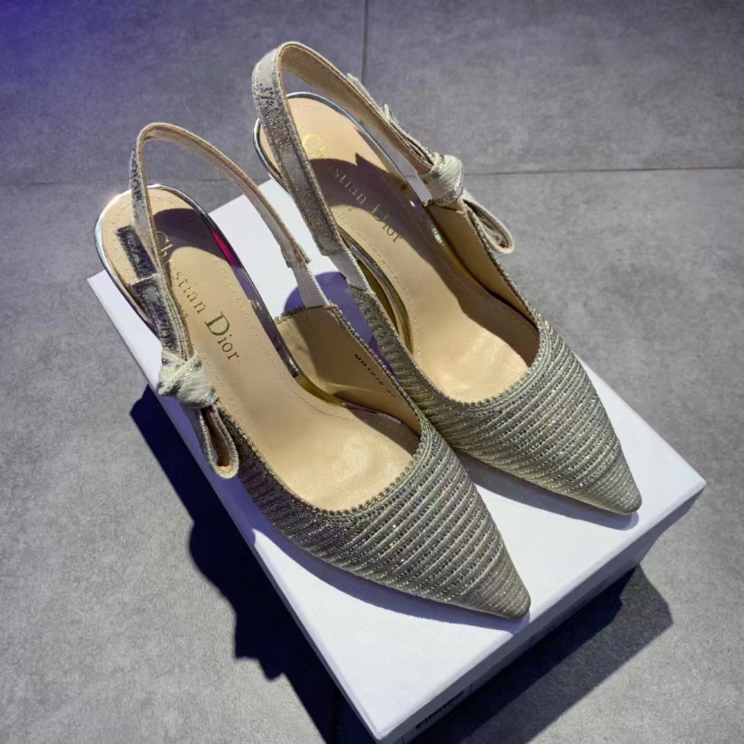 Dior Women CD J’Adior Slingback Pump White Cotton Embroidered Silver Tone Strass