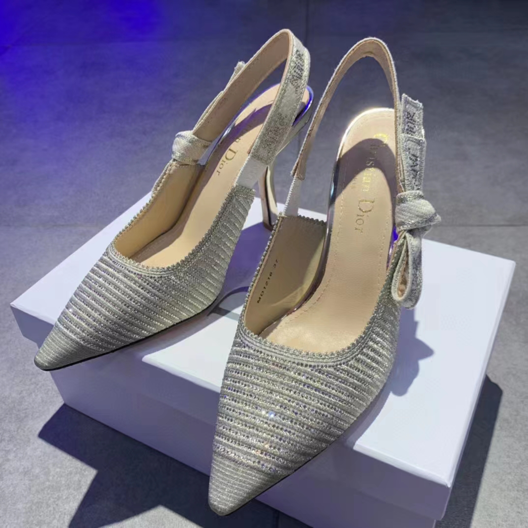 Dior Women CD J’Adior Slingback Pump White Cotton Embroidered Silver Tone Strass