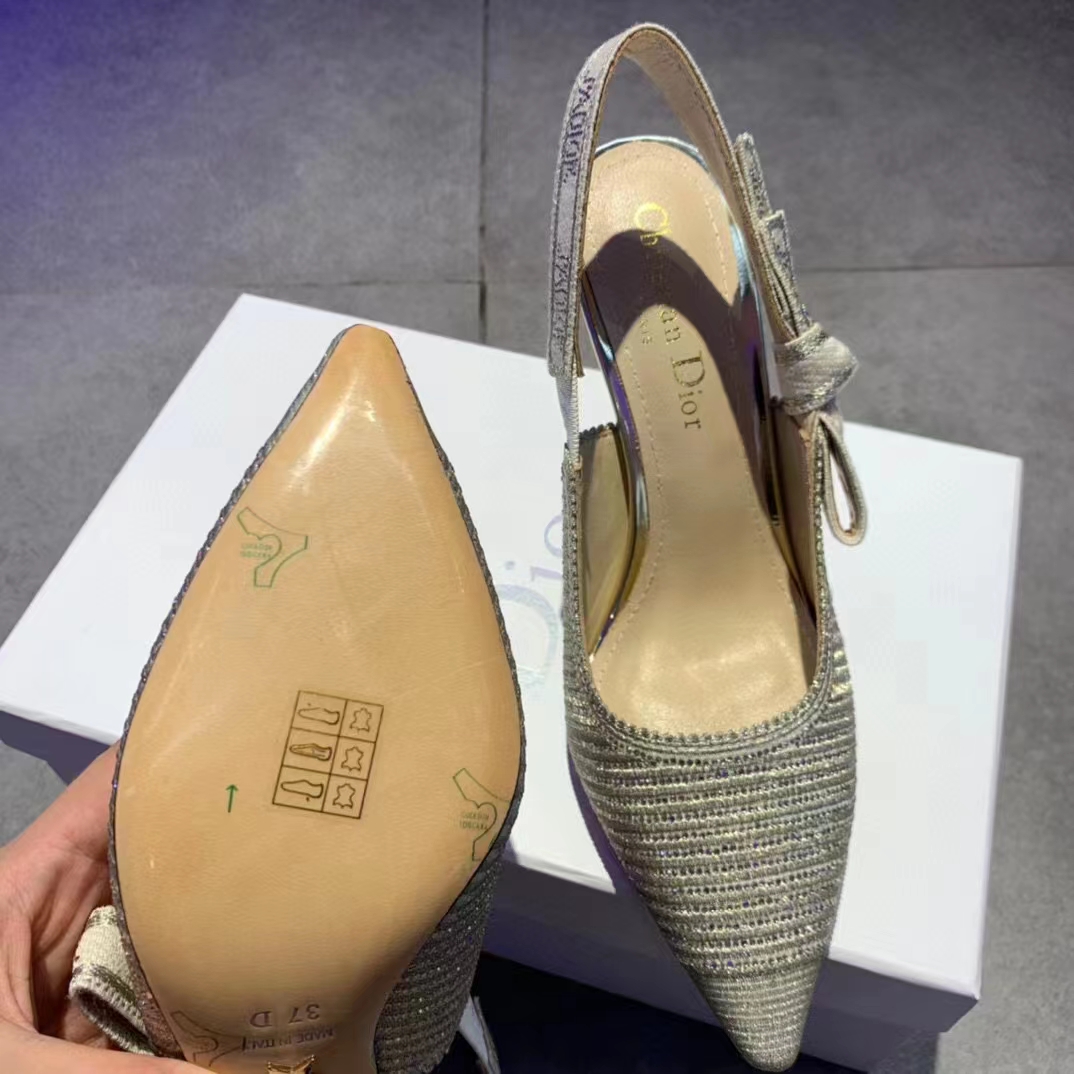 Dior Women CD J’Adior Slingback Pump White Cotton Embroidered Silver Tone Strass