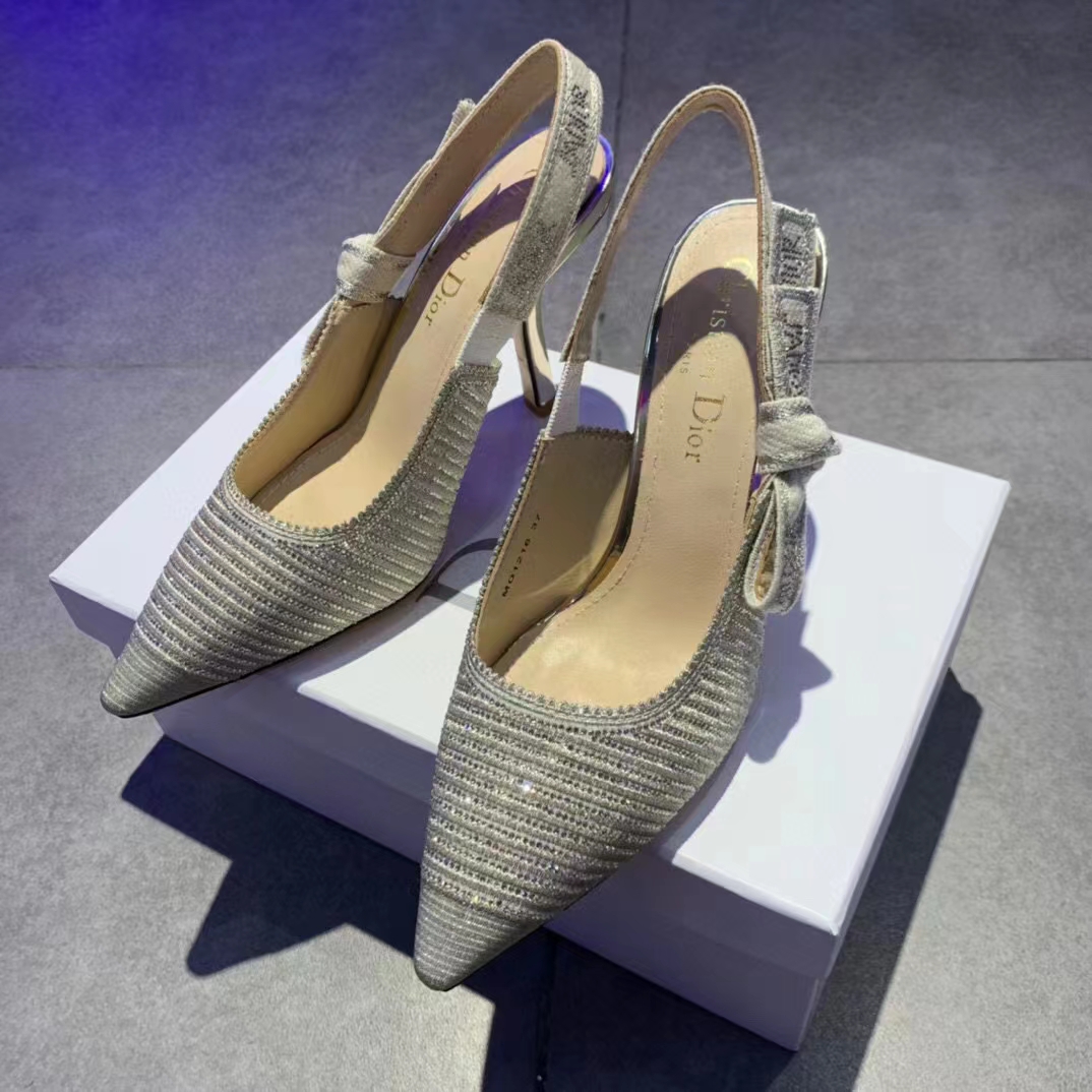 Dior Women CD J’Adior Slingback Pump White Cotton Embroidered Silver Tone Strass