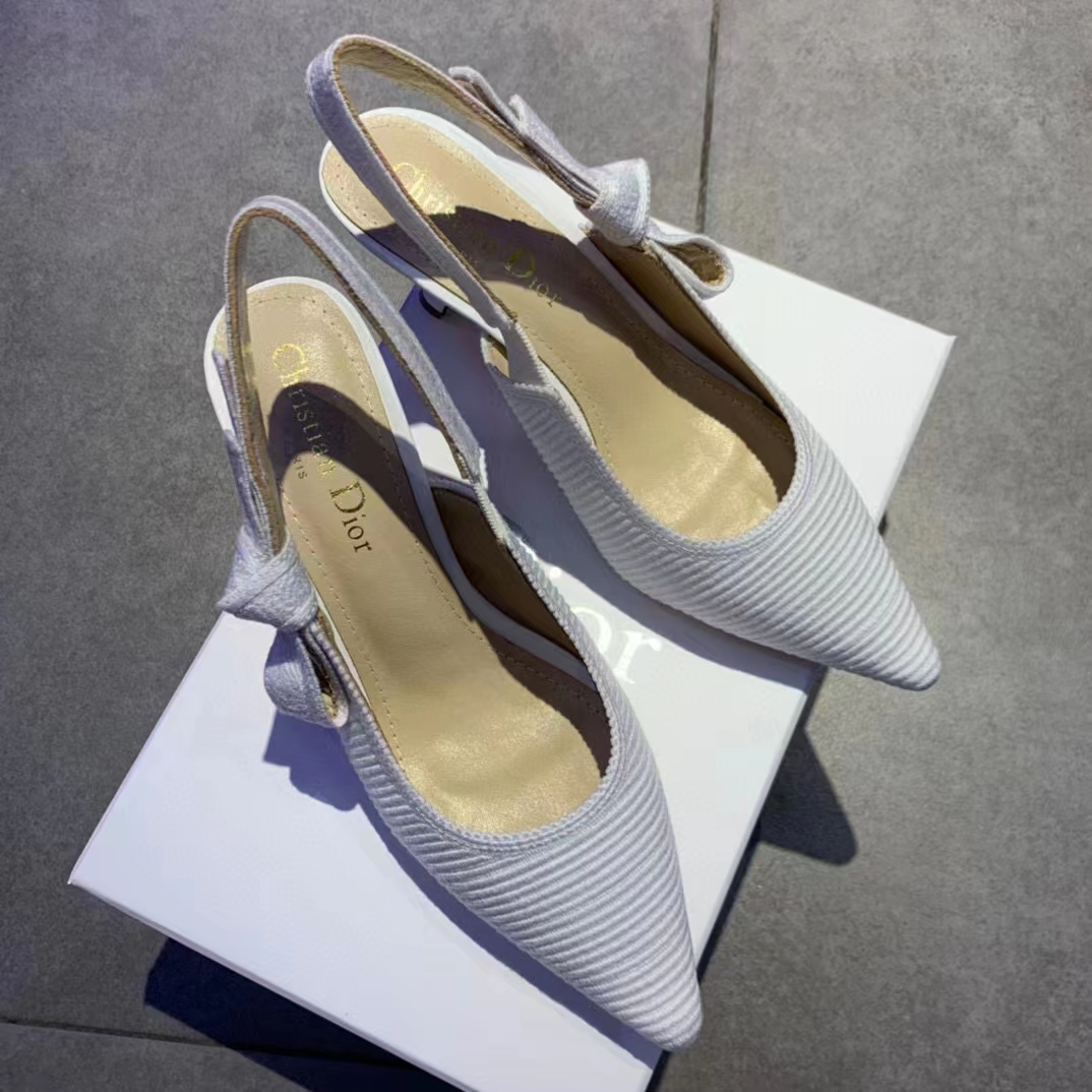 Dior Women CD J’Adior Slingback Pump White Cotton Embroidery Flat Bow