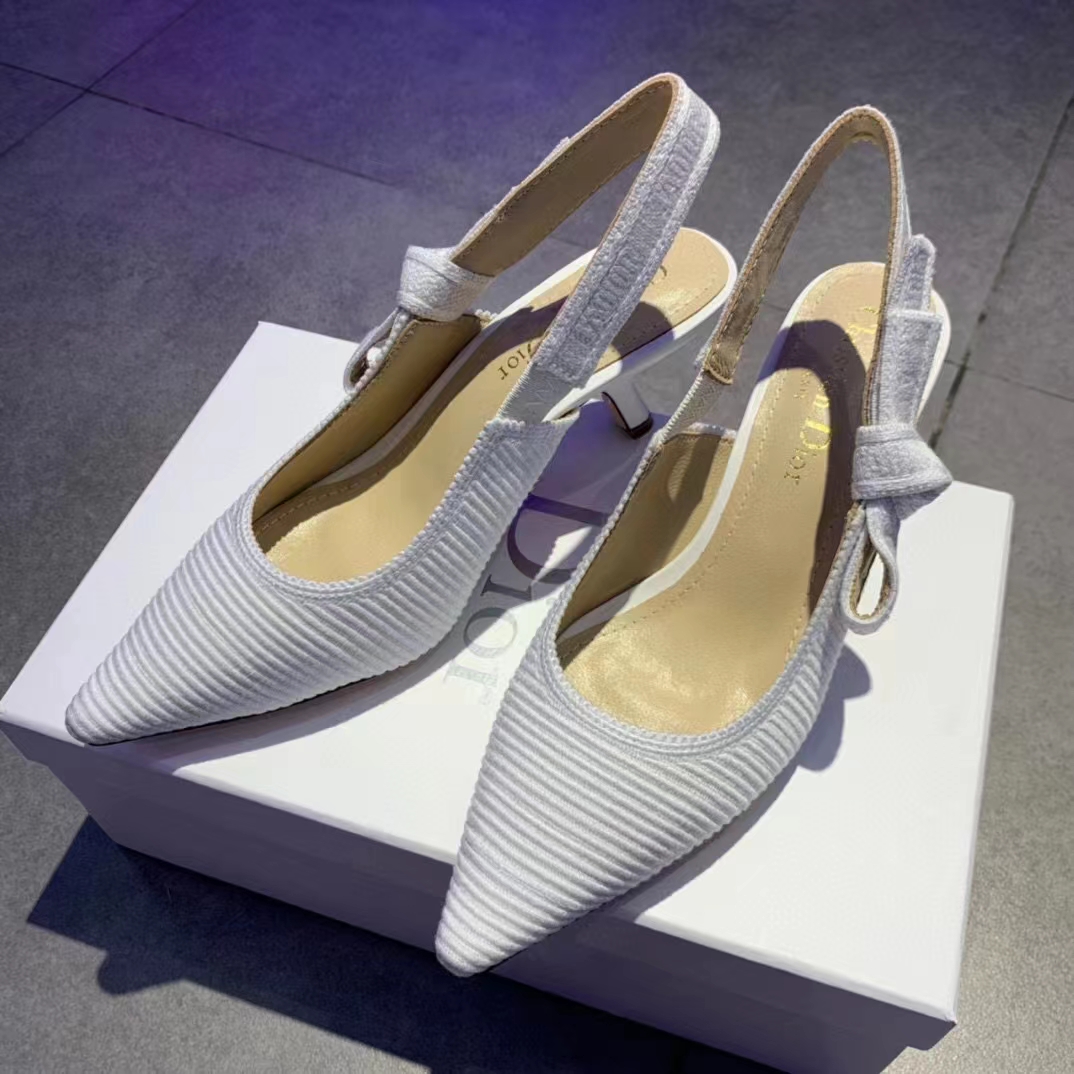 Dior Women CD J’Adior Slingback Pump White Cotton Embroidery Flat Bow