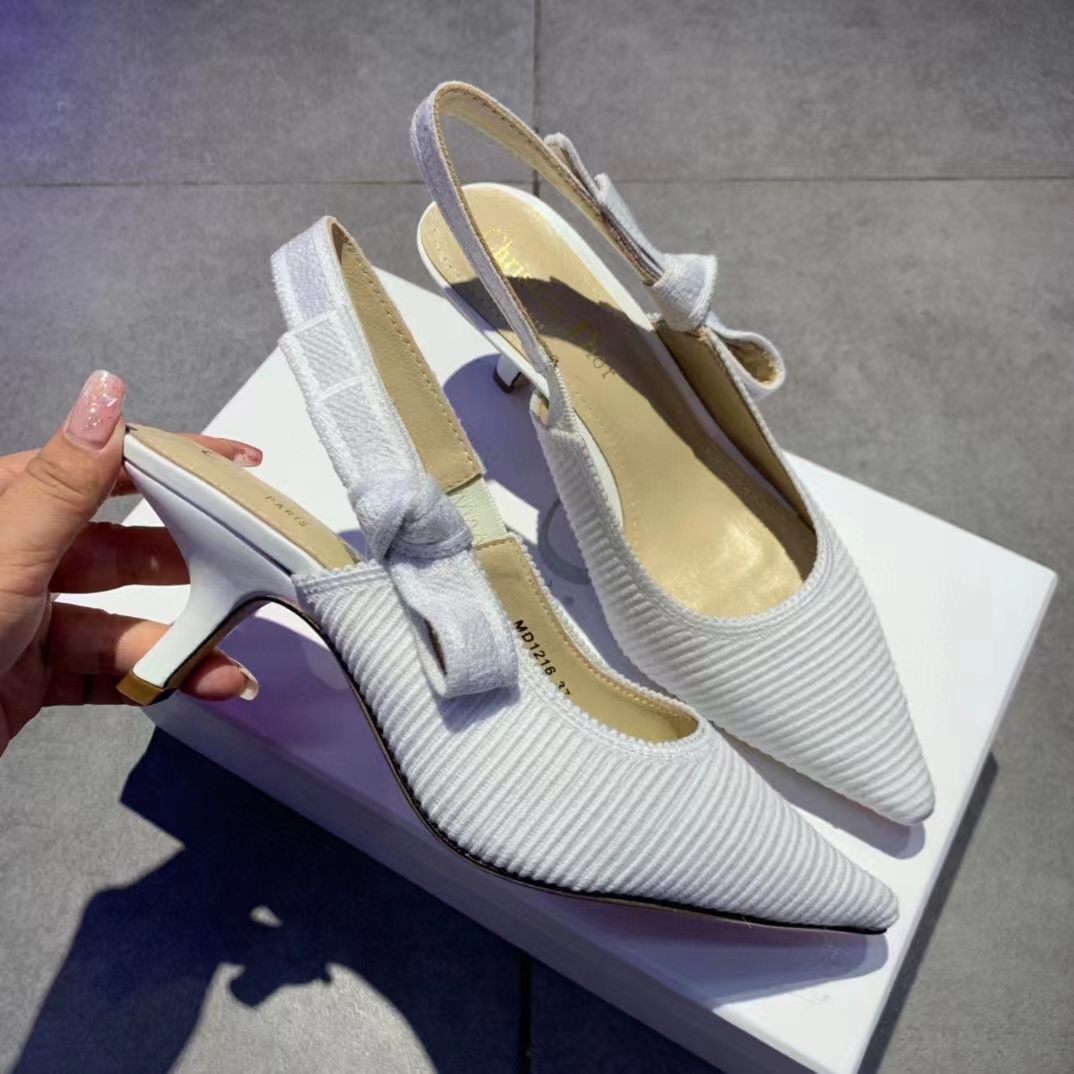 Dior Women CD J’Adior Slingback Pump White Cotton Embroidery Flat Bow